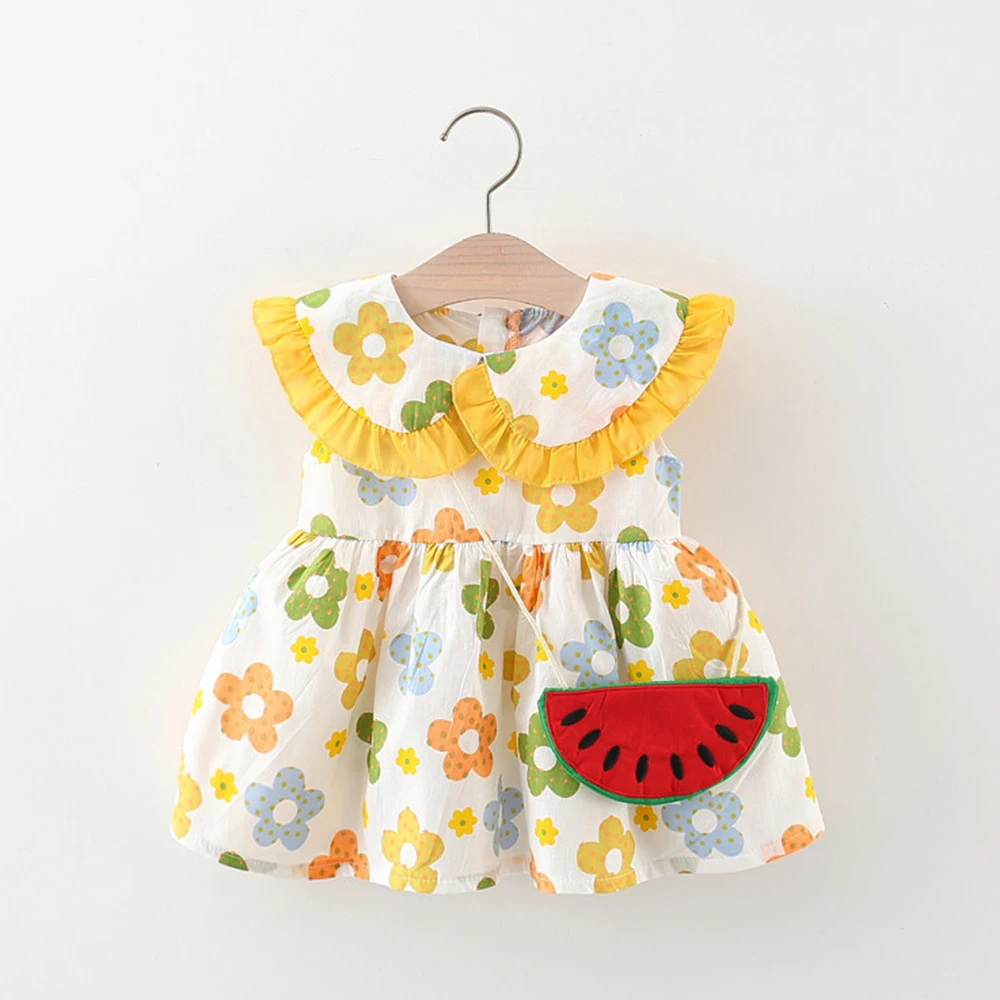 Children\'S Set Cute Flower Sleeveless Doll Collar Dress Bag Children\'S Full Body Flower Printed Clothes 2 Pcs