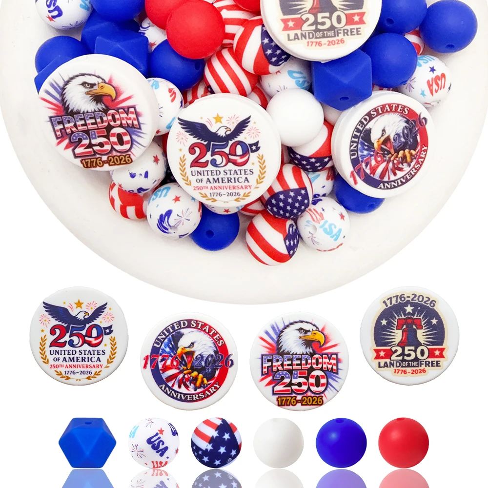 25/47Pcs Independence Day 250Th Anniversary Themed Silicone Bead Set DIY Beaded Necklace Bracelet Decoration Pen Jewelry Pendant Etc. Holiday Birthday Gift