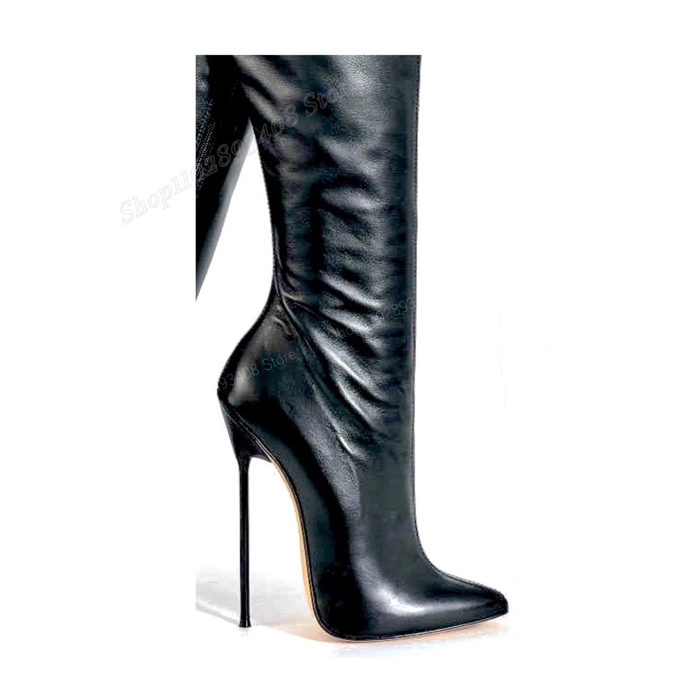 Black Sexy Matte Leather Knee High Boots Stiletto High Heel Pointed Toe Side Zipper Women Shoes 2023 Fashion Zapatos Para Mujere