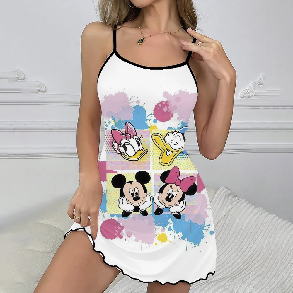 Camisón con tirantes, ropa de moda para mujer, Disney, Pato Donald, Margarita, bonito estampado, vestido de cuello redondo con tirantes, Falda corta de Minnie