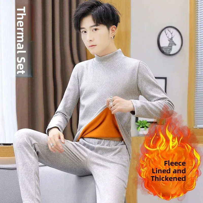 Men's Thermal Underwear Set Gold Fleece Thickened Slim Fit Winter Warmth Protection Youth Polyester Long Sleeve mid Neck
