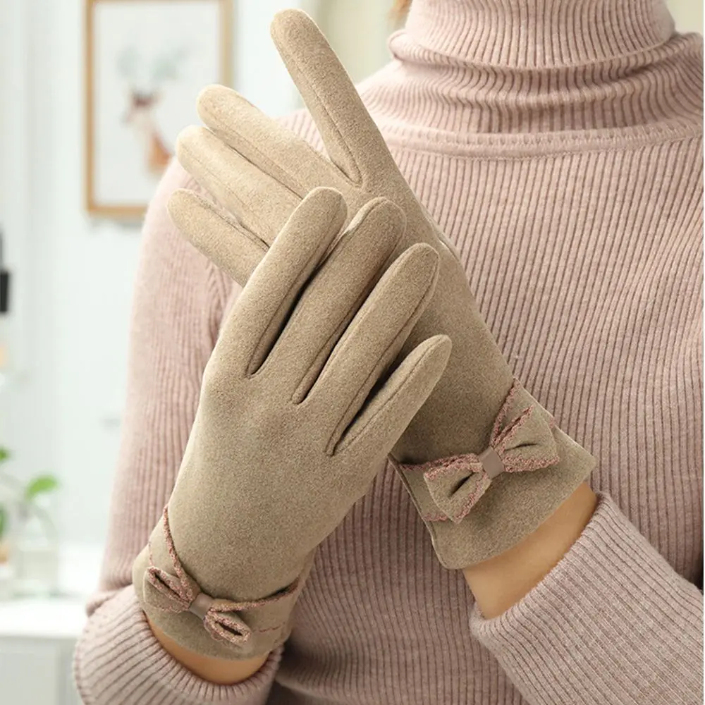 Bow Cold Protection Solid Color Ladies Winter Accessories Touch Screen Gloves Women's Gloves German Fleece Korean Style Mittens