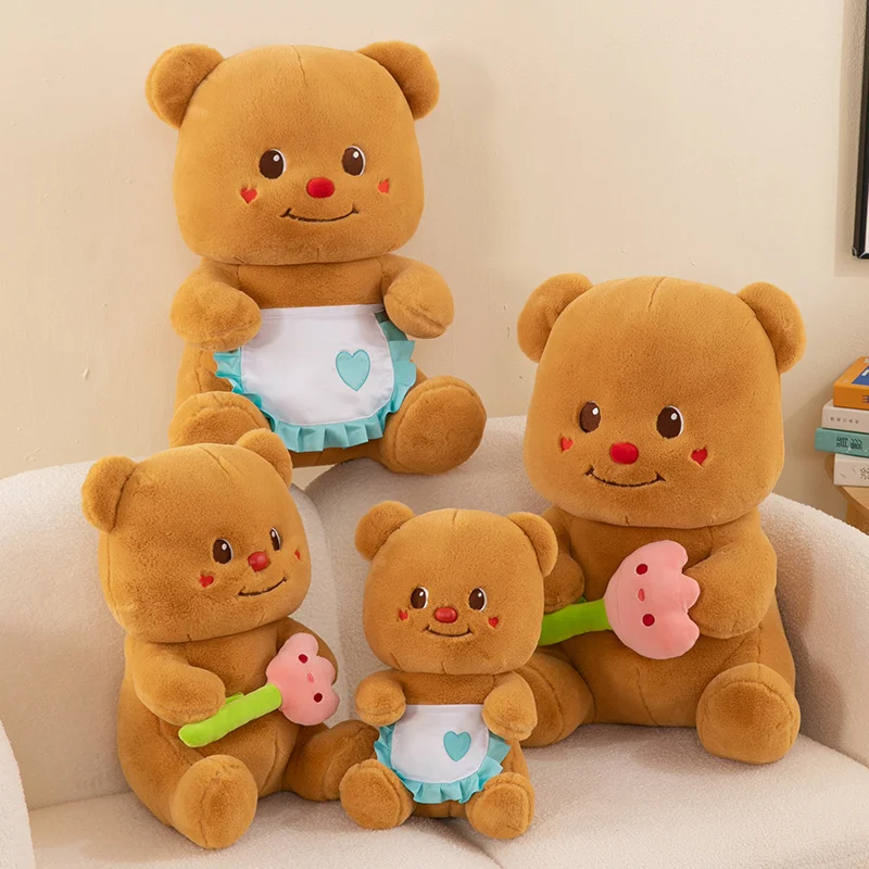 25~60cm Sitting Brown Butter Bear Doll Plush Toy Holding Flower Bib Dressed Cartoon Animal Plushie Peluche Kids Birthday Gift