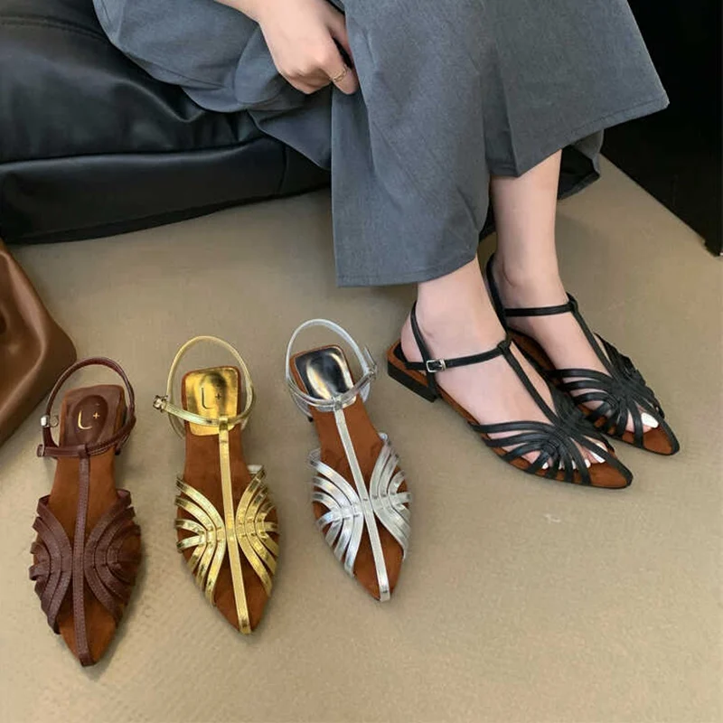 2024 New Fashion Narrow Band Sandals Women Flat Casual Rome Shoes Flat Heel Gladiator Ankle Strap Sandal Beach Slides Flip Flops