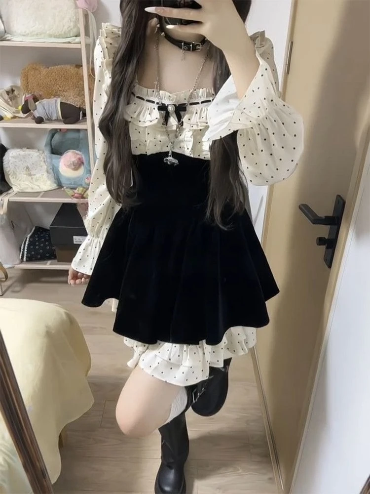 Japanese Style Punk Party Casual Kawaii Dress Y2k Aesthetic Gothic Lolita Dress Vintage Bow Lace Putchwork Dress