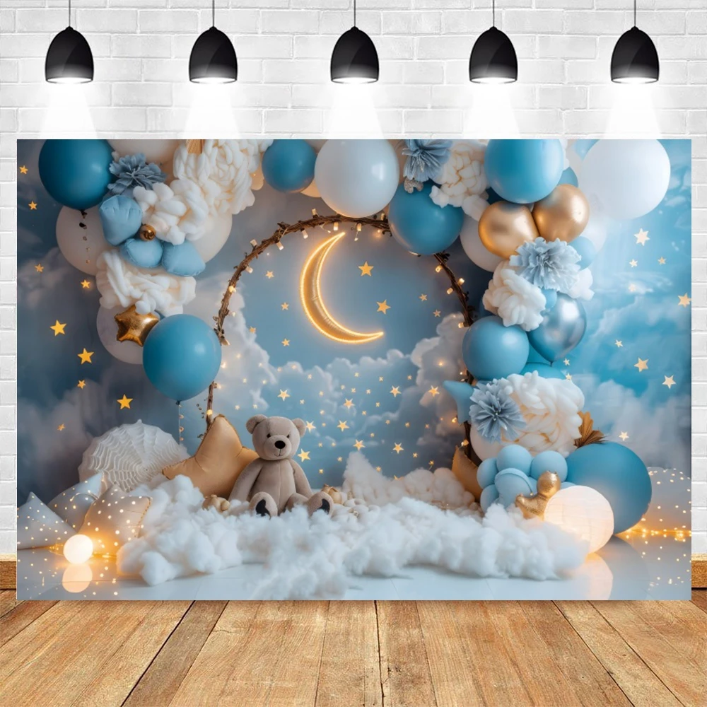 Fondo para fotografía de fiesta de 1er cumpleaños de bebé, ducha para recién nacido, decoración de mesa con globos AI, fondo fotográfico para pastel