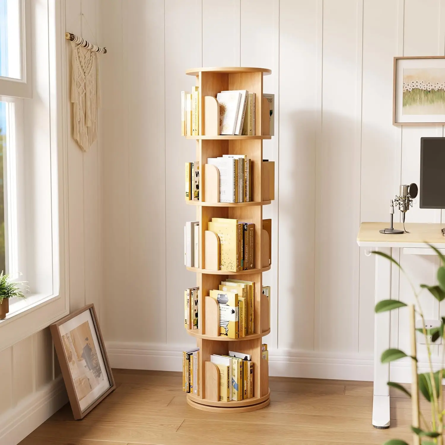 

5 Tall Tiers Floor Standing Display Corner Rotating Bookshelf Bookcase With Baffle Bedroom Office Rotatable Bookshelf