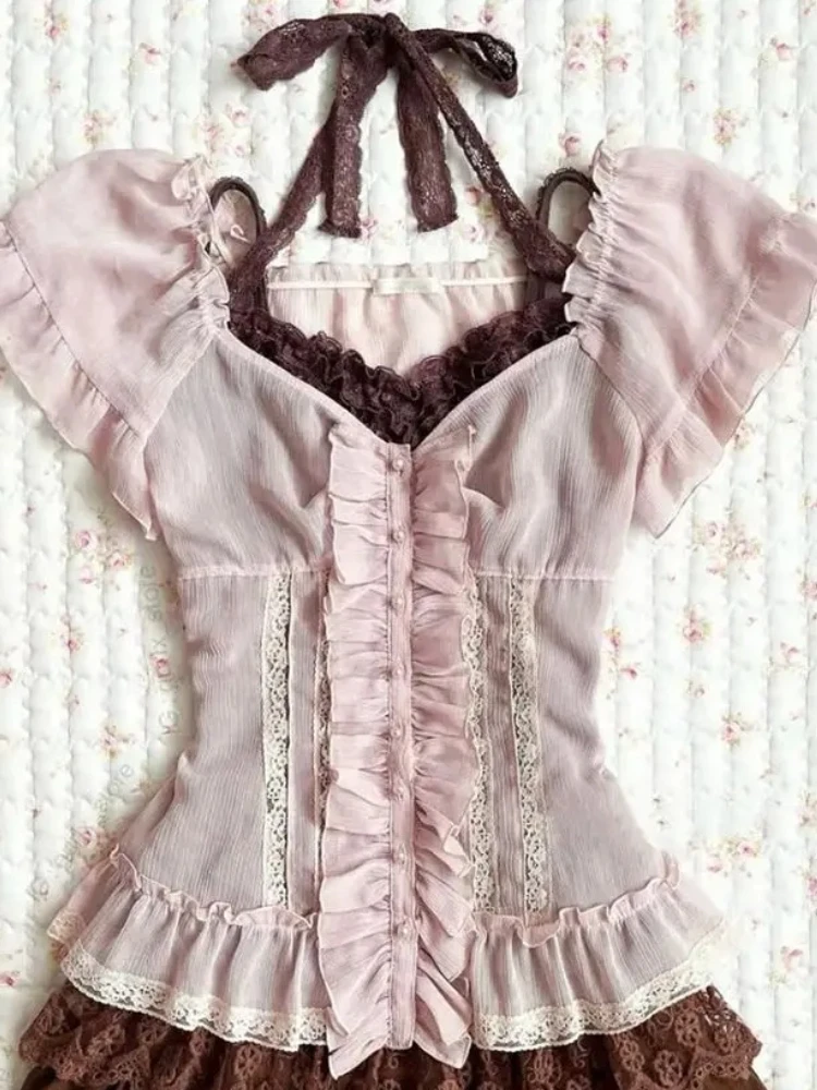 ヴィンテージ Y2K スリム レース 3点セット レディース服 ゴス パンク 半袖 原宿 韓国 90年代 ホットガール 夏 スイート フェアリー ファッション
