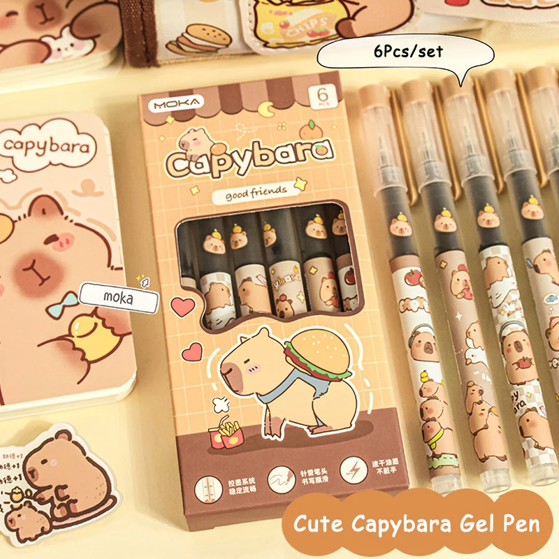 Capybara-Stylos gel d'écriture à encre noire lisse, accessoires de bureau, école, étudiant, enseignant, cadeau, esthétique, papeterie, 6 pièces