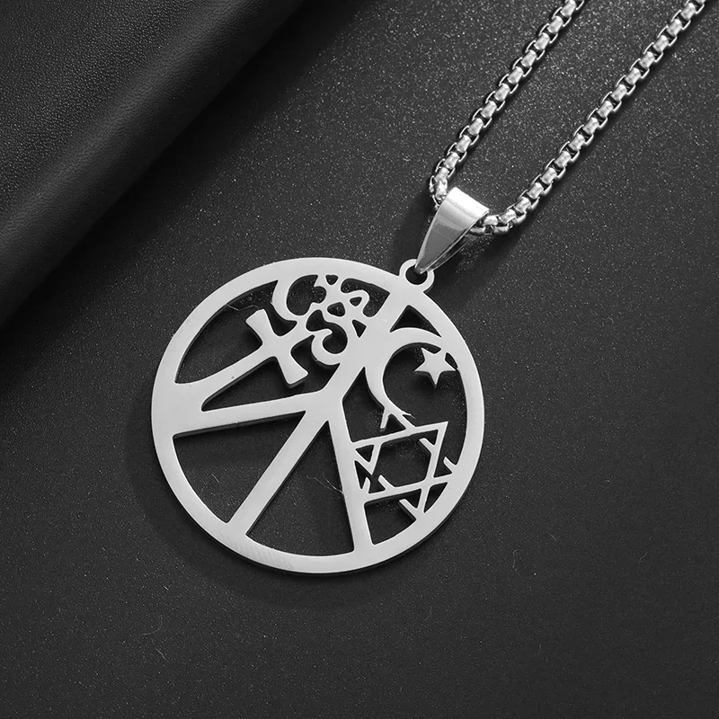 Stainless Steel Star and Moon Cross Hollow Geometric Pattern Stainless Steel Pendant Necklace Men and Women Personalized Jewelry