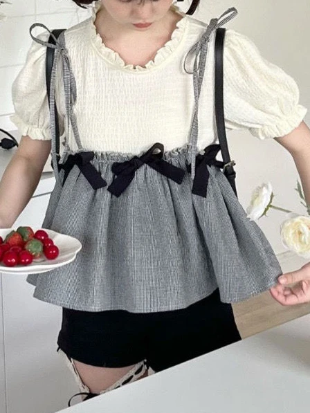 Sweet Kawaii Fake Two-piece Tops Women Bubble Sleeve College Style Casual Blouse Female Bow Korean Fashion Cute Tops Summer 2023