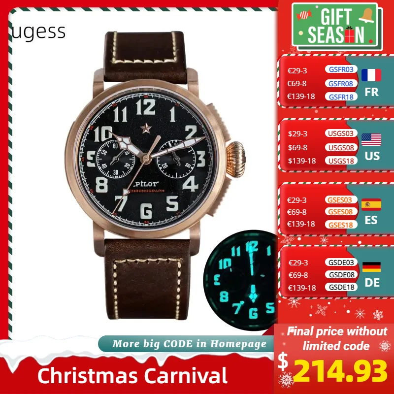 42mm Bronze Mens Watch Mechanical Hand Wind Wristwatch Original ST1901 Movement CuSn8 Case Sapphire BGW9 Luminous Leather Strap