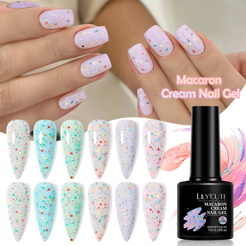 LILYCUTE 7ml Macaron Cream Gel Nail Polish Spring Nud Glitter Sequins Nail Art Varnish Semi Permanant Soak Off UV Gel Manicure