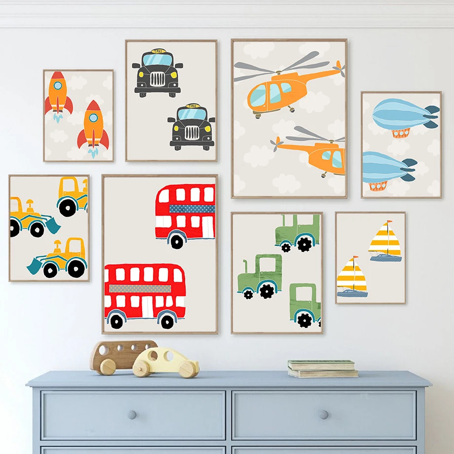 Modern Nordic Style Canvas Print Painting Poster Cartoon Car Bus  Airplane Children Wall Picture Art Studio Kids Room Home De
