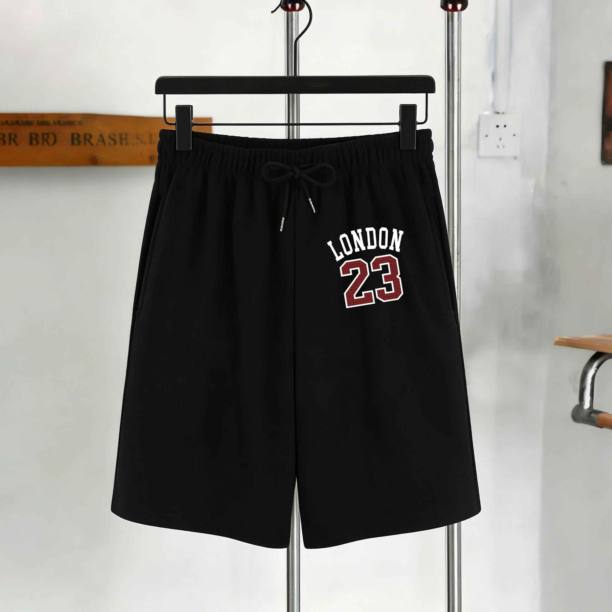 

About London 23 Printing Pocket Mans Basics Pants Summer Drawstring Black Sweatpants Unisex Fashion Street Vintage Shorts