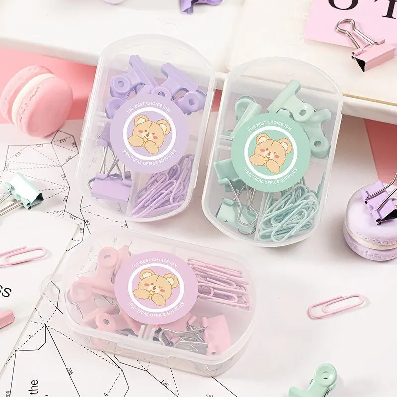 

Macaron Colored Bill Binding Stationery Set - Cute Binder Clips Paper Clips Office Student Boxed Kit