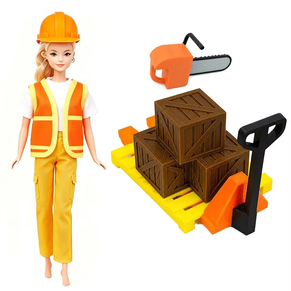 Fit for 11.8 Inch Doll Construction Worker Themed Outfit & Props Set ，Hard Hat Safety Vest Pallet Truck Crate Accessories，Gift