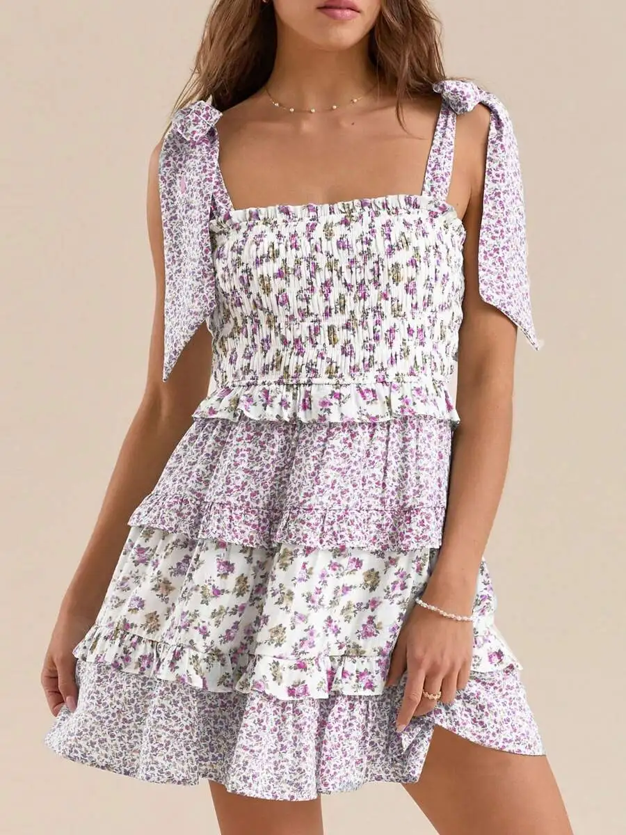 

Womens Tie Shoulder Smocked Bust Floral Print Sleeveless Ruffle Dress Summer Beach Vacation Sundress