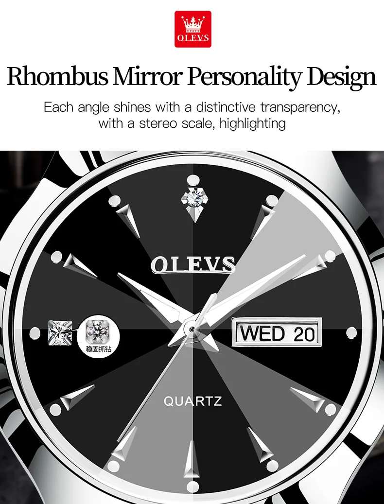 OLEVS Original Quartz Watch for Men Rhombus Mirror Tungsten Steel Strap  Luminous Waterproof Wristwatch Male Date Men\'s Watches