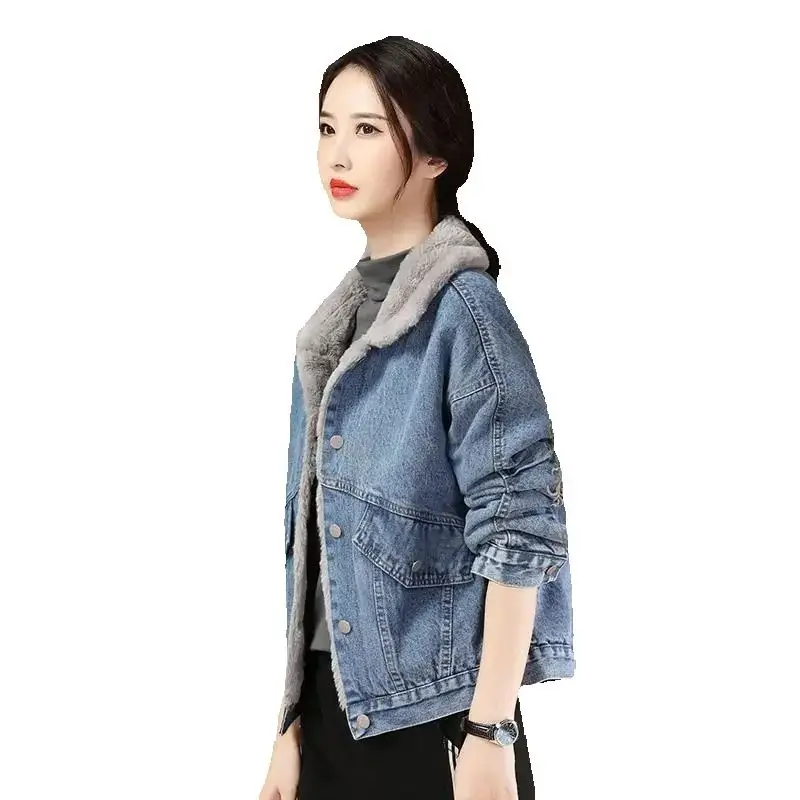 Faux Wool Collar Embroidered Velvet Denim Jacket Women Winter 2022 New Korean Casual Top Loose Versatile Jean Jacket Female