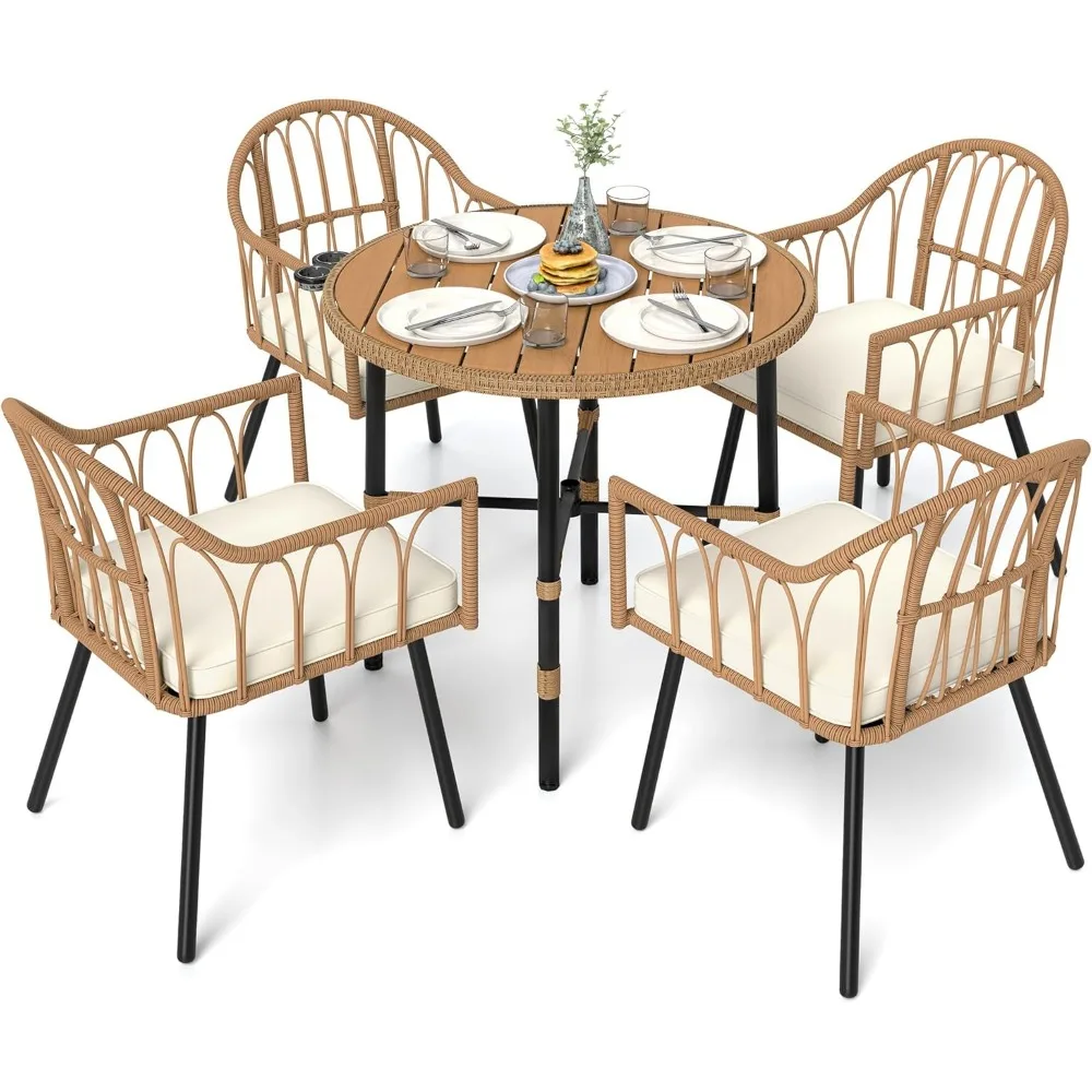 

5-Piece Dining Table Set with 4 Chairs, Kitchen Table & Chairs Set for 4, Boho Dining Room Table Set with Soft Cushion Chairs a