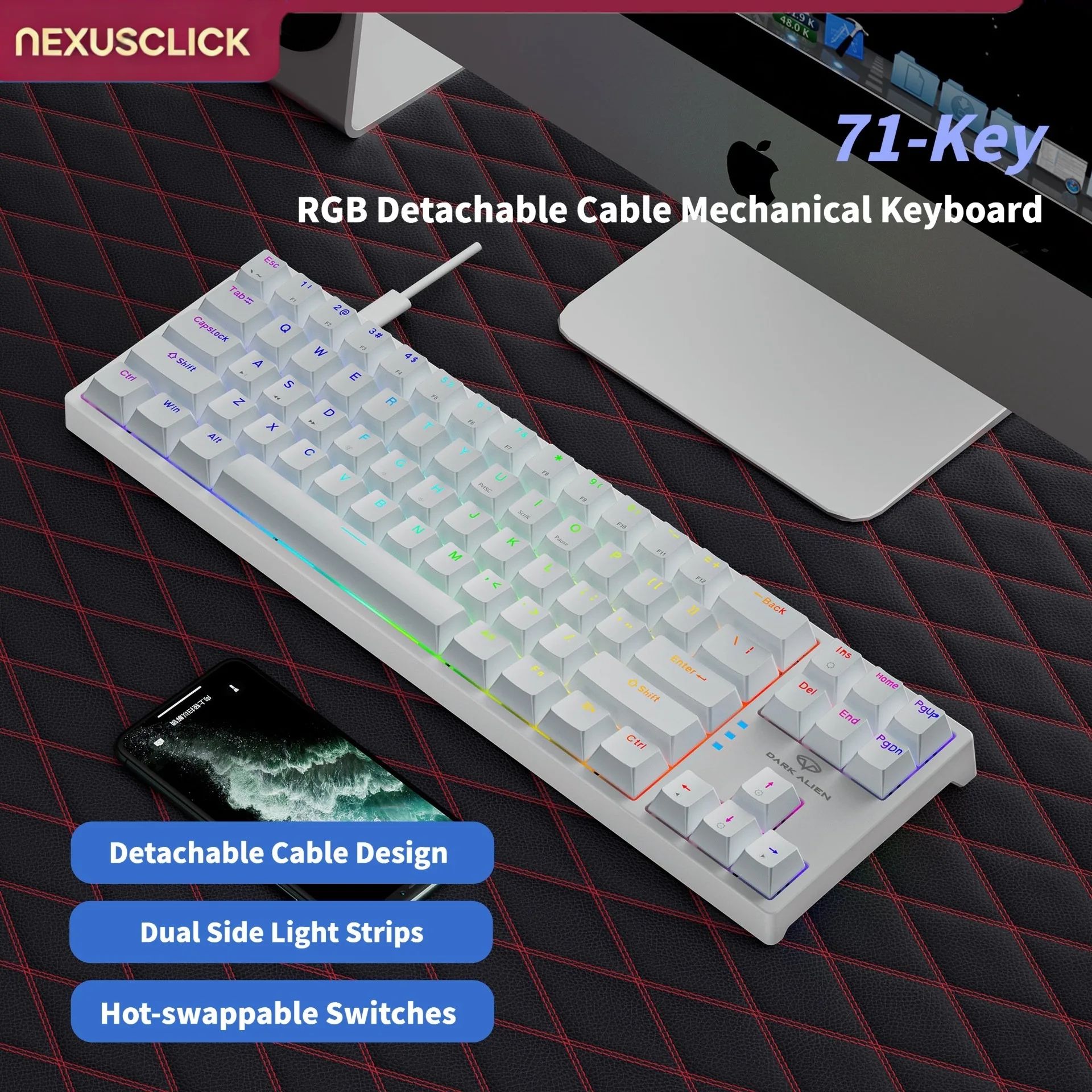 NexusClick K710 Blue Switch Mechanical Keyboard,RGB Lighting Hot Swappable,Type-C Detachable Cable Gaming Office Wired Keyboard