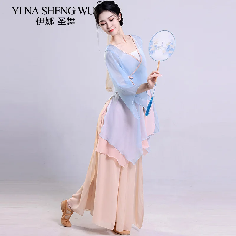 Chiński taniec klasyczny Top damski zwiewna szyfonowa przezroczysta bluzka eteryczna koszula treningowa tradycyjne stroje wydajnościowe dla dorosłych dziewcząt