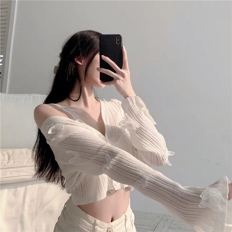 2024 Spring Cardigan Women Korean Style V-neck Long-sleeved Thin Fashion Lace Butterfly Office Lady Versatile Short Tops Female