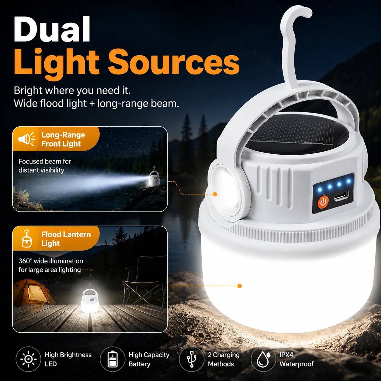 Lampe camping solaire LED rechargeable USB, double charge, étanche, lampe tente, torche LED portable avec crochet suspension LED gallery 4