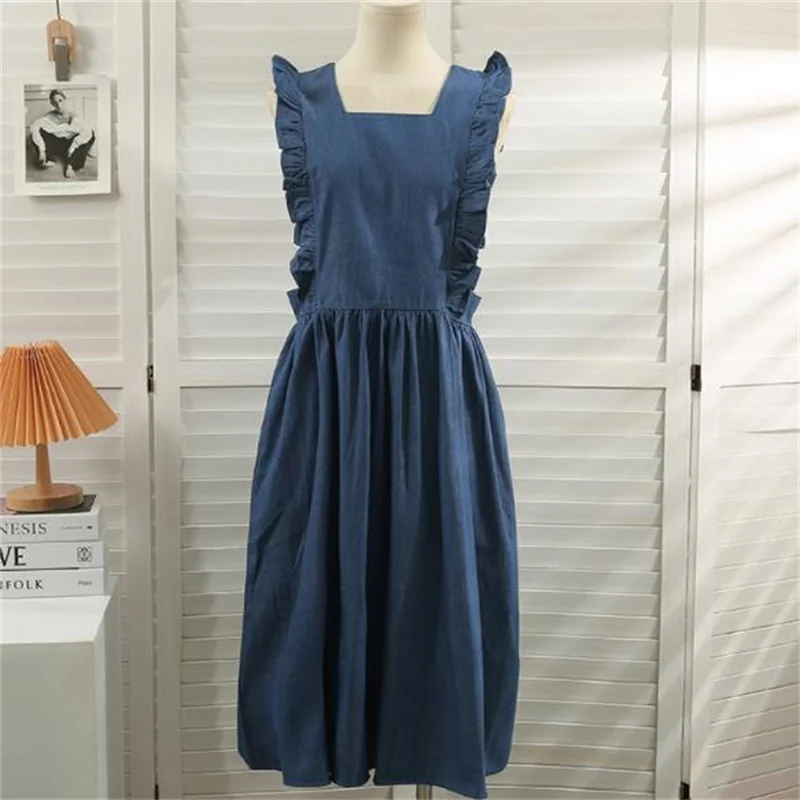 

Square collar sleeveless dress fungus edge suspender women's 2023 new high waist long denim dress