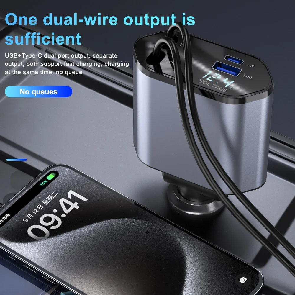 2024 New Car Charger Fast Car Cigarette Lighter Adapter with Voltage Display with Dual Expansion Cable and Dual Port for Car