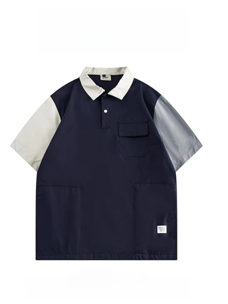 

Summer Japanese Tee Multi-pocket Short-sleeved POLO Shirt Men Loose Color Splicing Workwear Casual Handsome Half-sleeved T-shirt