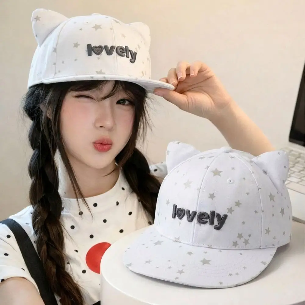 

Cute Cat Ears Women's Baseball Cap Star Pattern Versatile Sun Hat Adjustable Cartoon Flat Cap Spring Summer Autumn