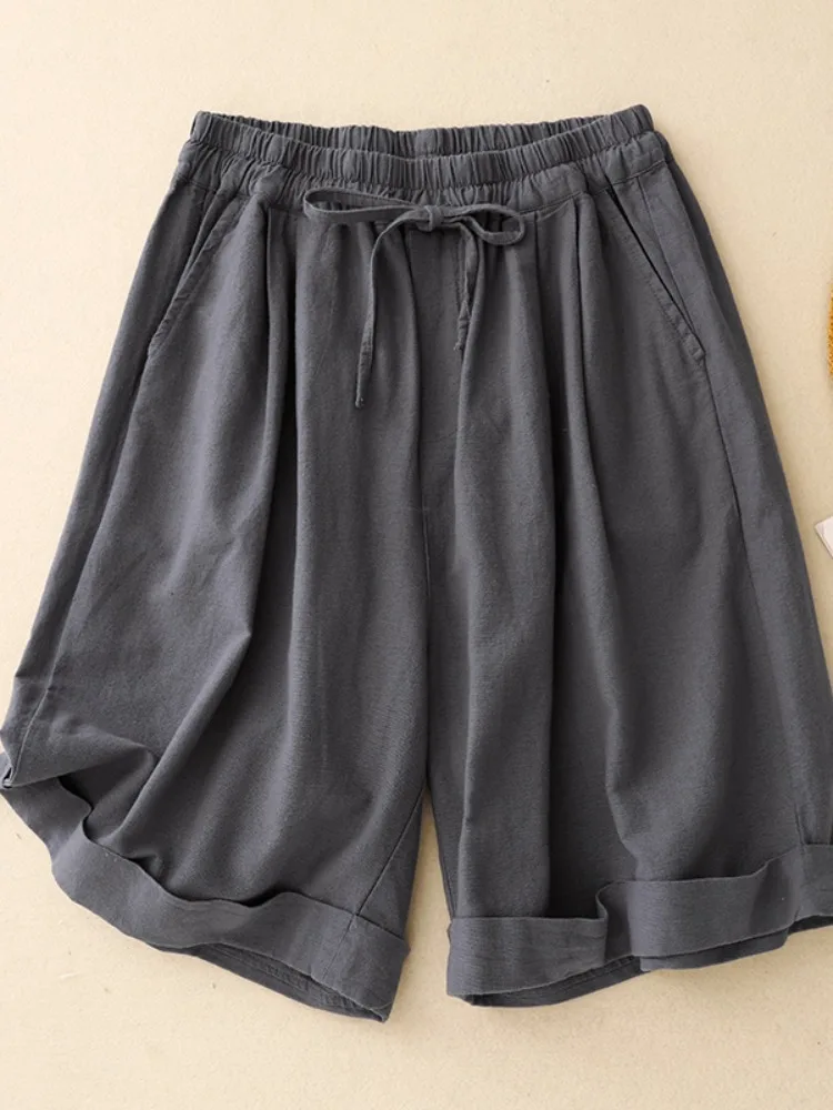 Artístico cor pura simples algodão linho perna larga ort calças femininas verão solto versátil casual algodão com punho calças de cinco quartos