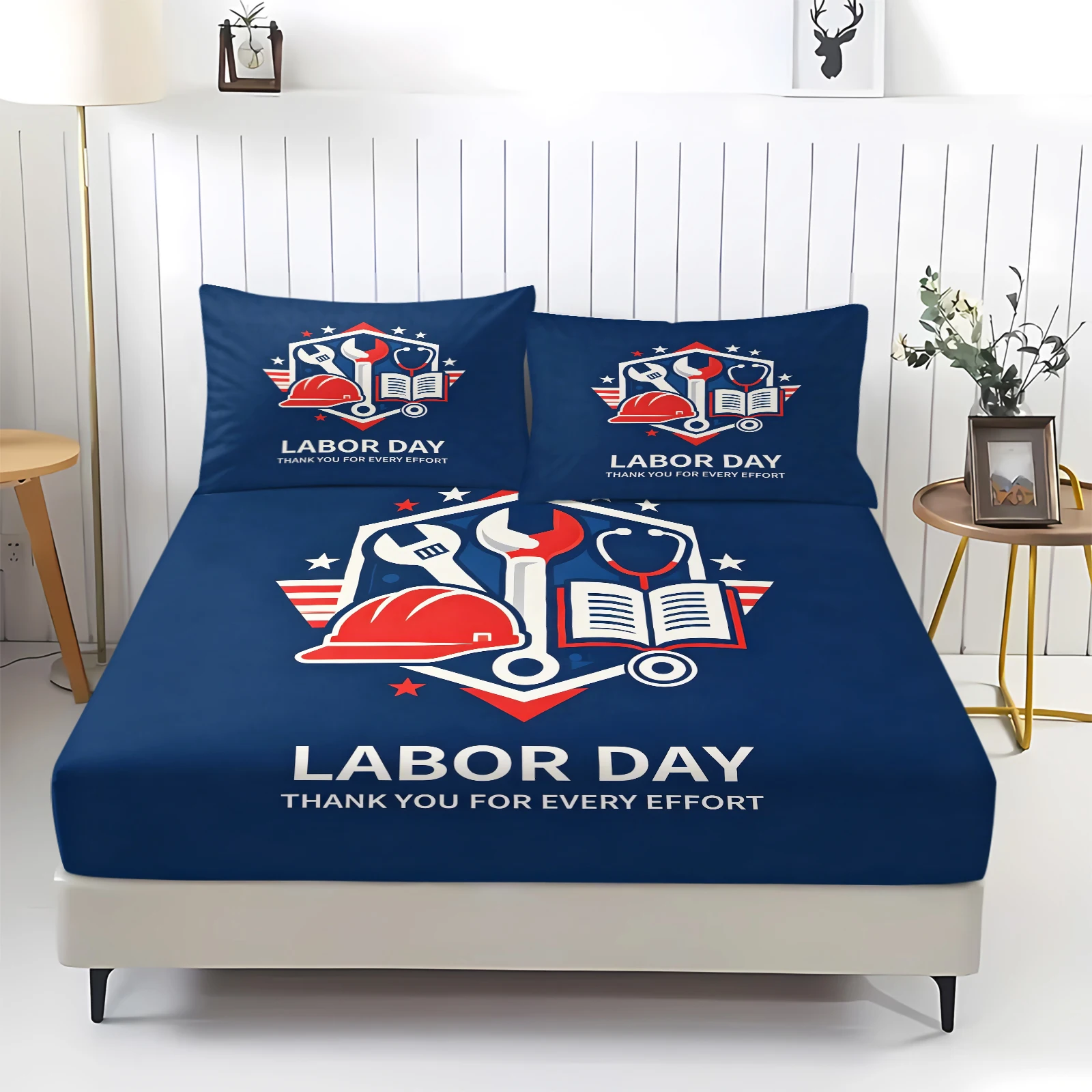 Labor Day Fitted Sheet Set Elastic Mattress Cover With Pillowcase Tools Hard‑hat Pattern Polyester Bedding Set Holiday Bedroom