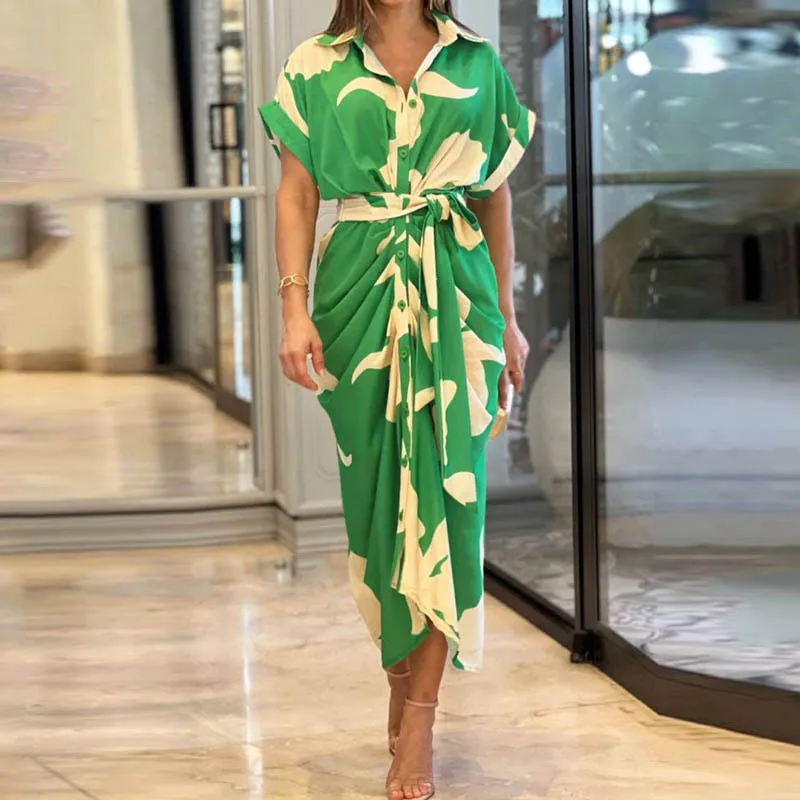 Europa e américa primavera e verão vestido de verão renda cintura camiseta única moda lazer conforto respirável leve e fino