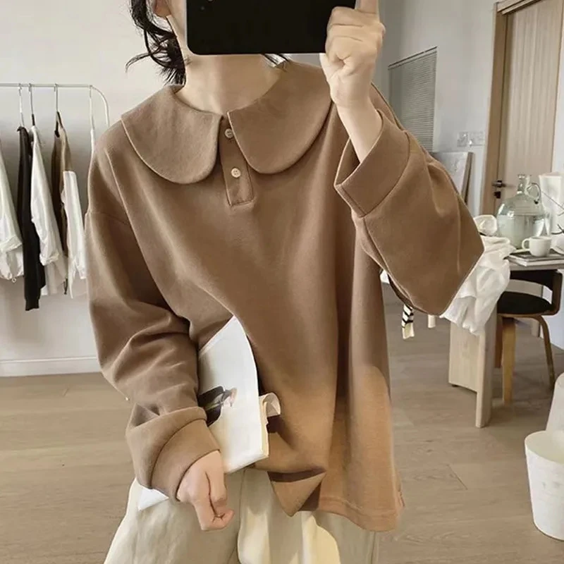 Yasuk Summer Casual Ruffle Neck  T-Shirt Female Pullover Women Blouse Simple School Student Loose Soft Long Sleeve