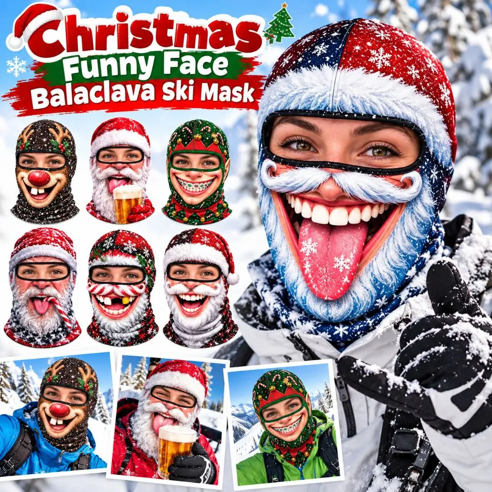3D Printed Full Face Christmas Funny Ski Mask Full Coverage Snowflake Pattern Winter Mask Cover Elastic Breathable Eye Hole