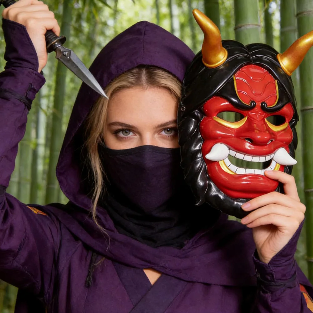 Japanese Prajna Ninja Mask Cosplay Demon Oni Samurai Kabuki Hannya Half Face Masks Halloween Carnival Party Costume Props 5