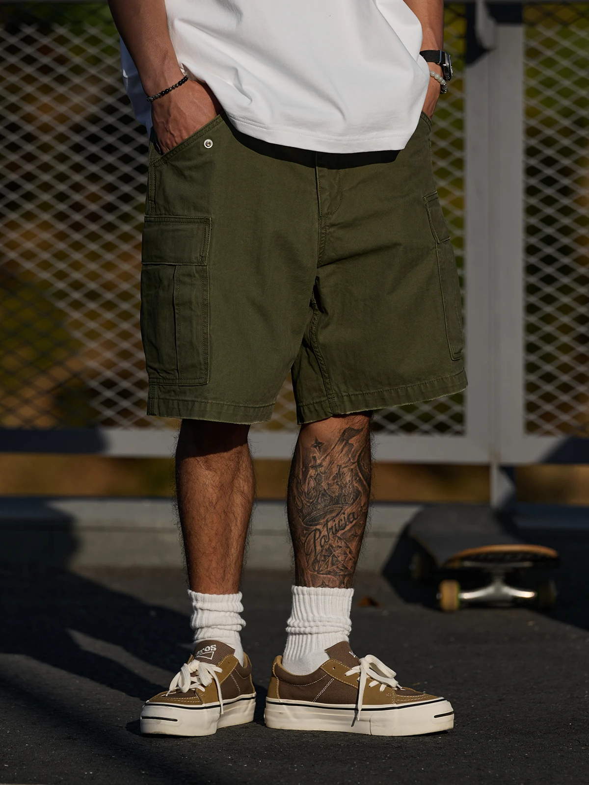 Broshood Loose Fit Vintage Washed Canvas Casual Workwear Military Shorts Five-Quarter Length City Walk Summer Cotton Shorts