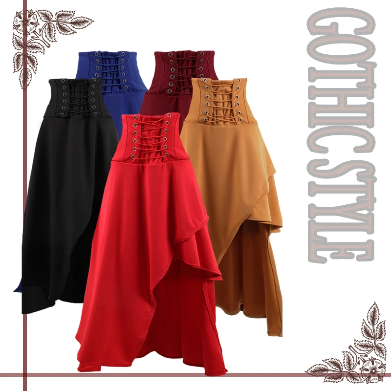 Steampunk Vintage Bandags Skirts Women Gothic Clothing Solid Color Lace Up High Waist Irregular Maxi Skirt Fashion Casual Skirt