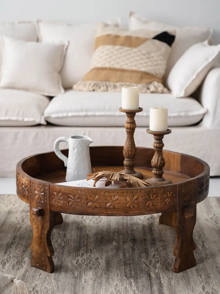 

Handmade Wood Carved Tea Table Vintage Distressed Wooden Carved round Side Table