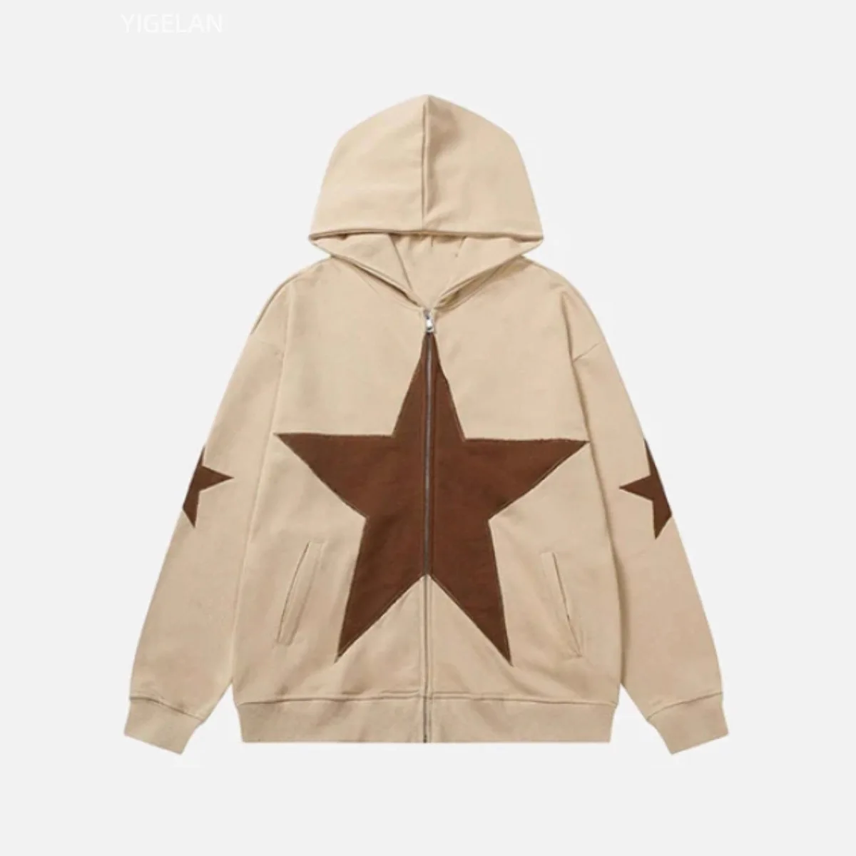 

Oversized Streetwear Hoodie with Appliqued Five Point Star 3D Print Women Loose Fit Zip Up Lounge Jacket for Casual Cool Weather