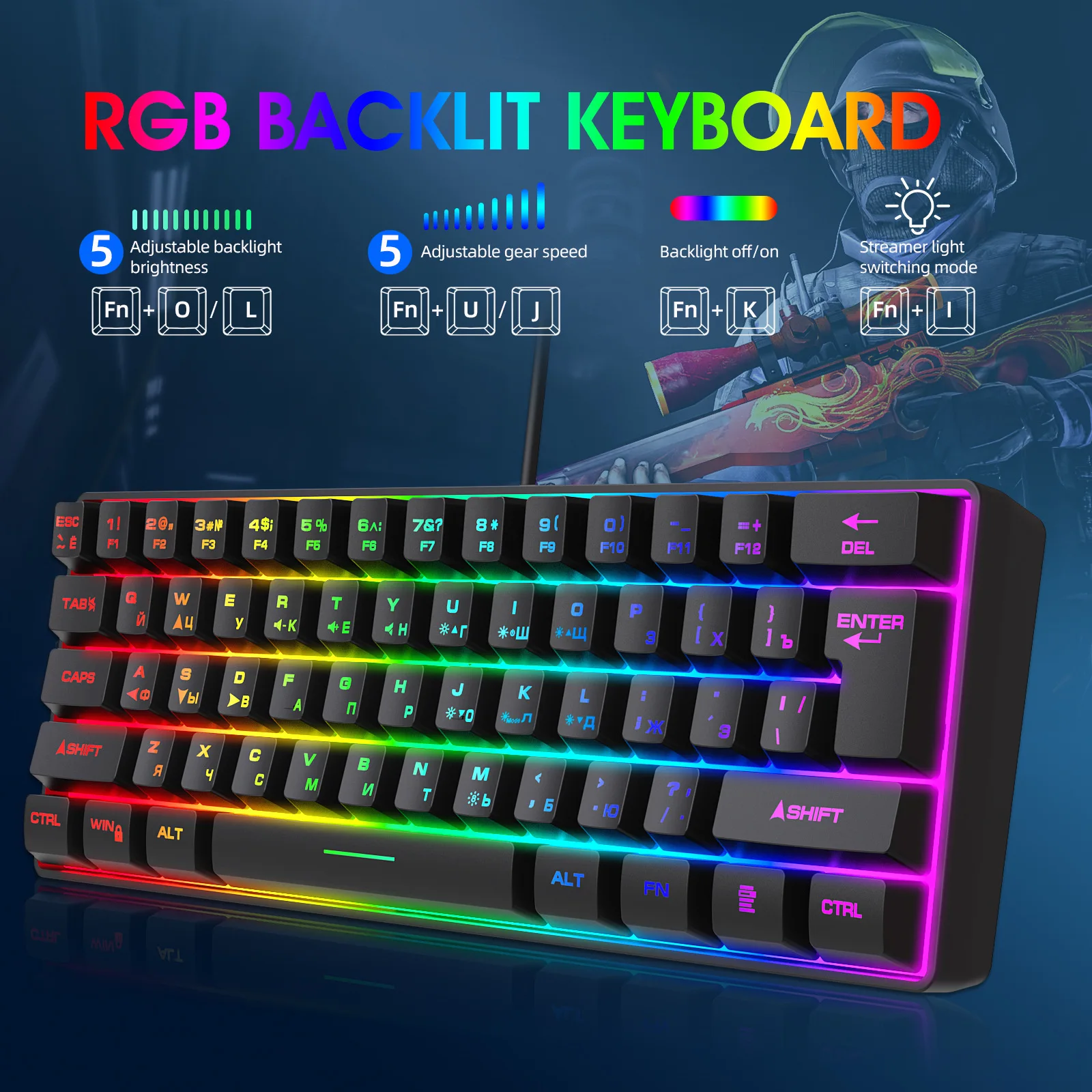 61-Key Russian Layout Mechanical Feel Keyboard Wired Gaming PC Keyboard with Cyrillic Letters