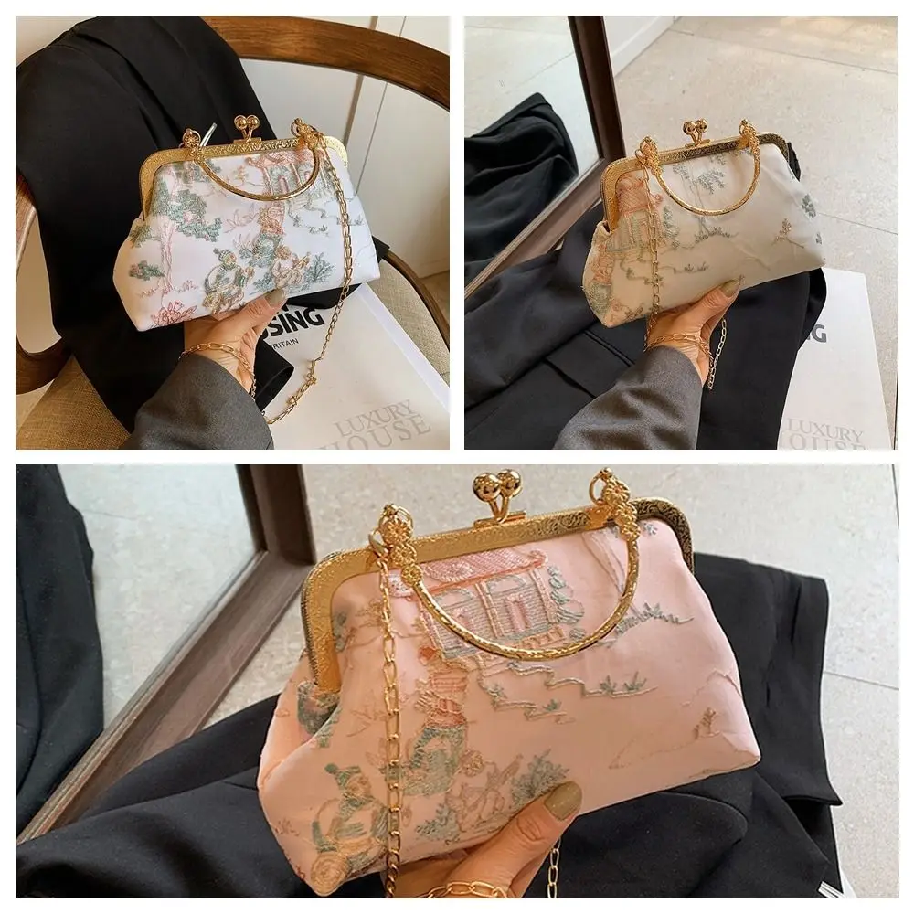 Accesorios Cheongsam, bolso de mano bordado Retro, bolso de muñeca de gran capacidad, bolso de hombro Hanfu, bolso cruzado con cierre de beso