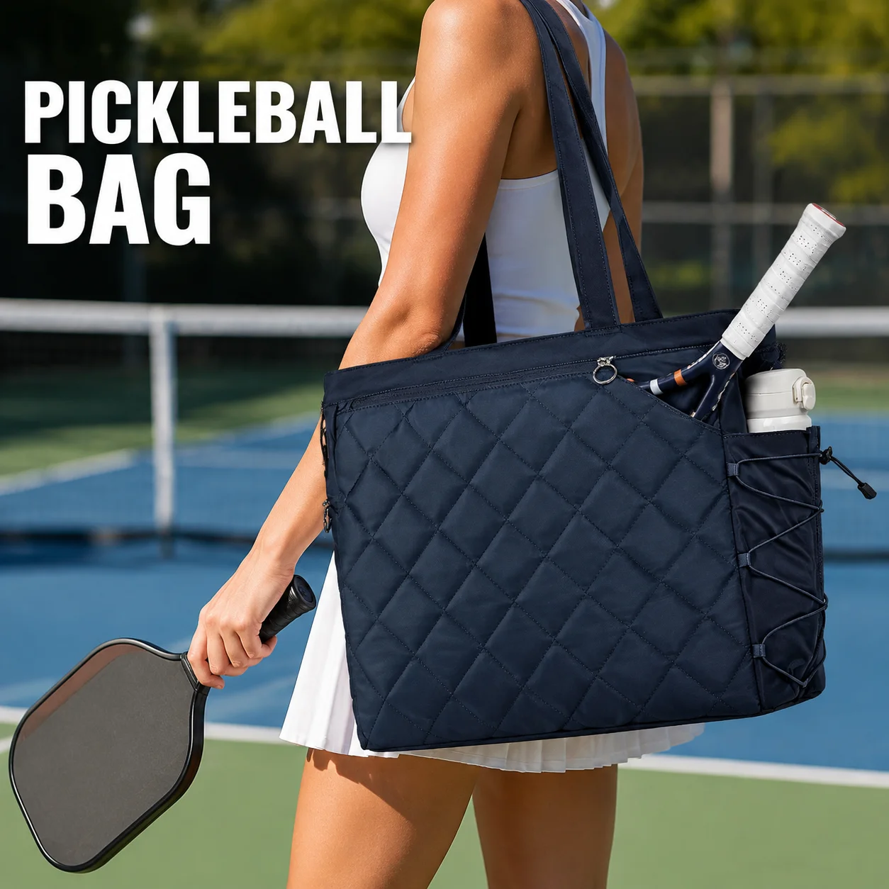 Pickleball Paddle Bag Large Capacity Quilted Tennis Tote With Shoe Compartment And Bottle Pocket For Fitness Gym Weekend Travel