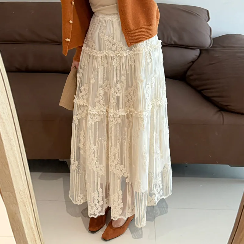 

2026 Spring Fall Women Stretchy High Waisted Plated Lace Patchwork Beige Skirt , Woman Sweet Ladies Long A Line Skirts