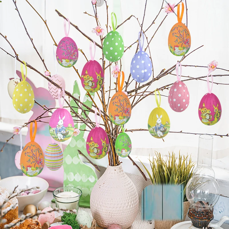 12Pcs Colorful Easter Eggs Hanging Pendant Ornament Foam Rabbit Painting Egg Easter Party Decoration For Home Kids Gifts 2024