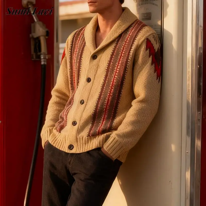 

Vintage Lapel Button-up Sweatercoats Mens Knitting Crochet Cardigans Autumn Winter Warm Thick Men Knitted Jacket Coat