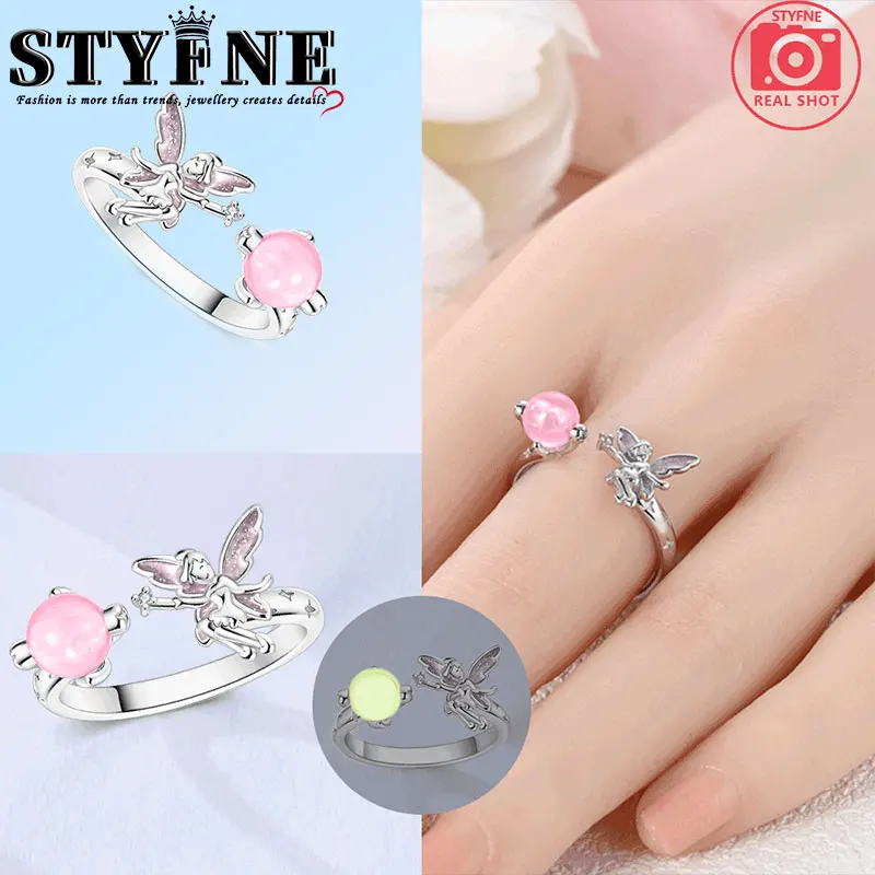 Symbols 925 Sterling Silver Pink Fairy Angel Wings Glow-in-the-Dark Bead Ring One Size Fits All For Women's Exquisite Jewelry